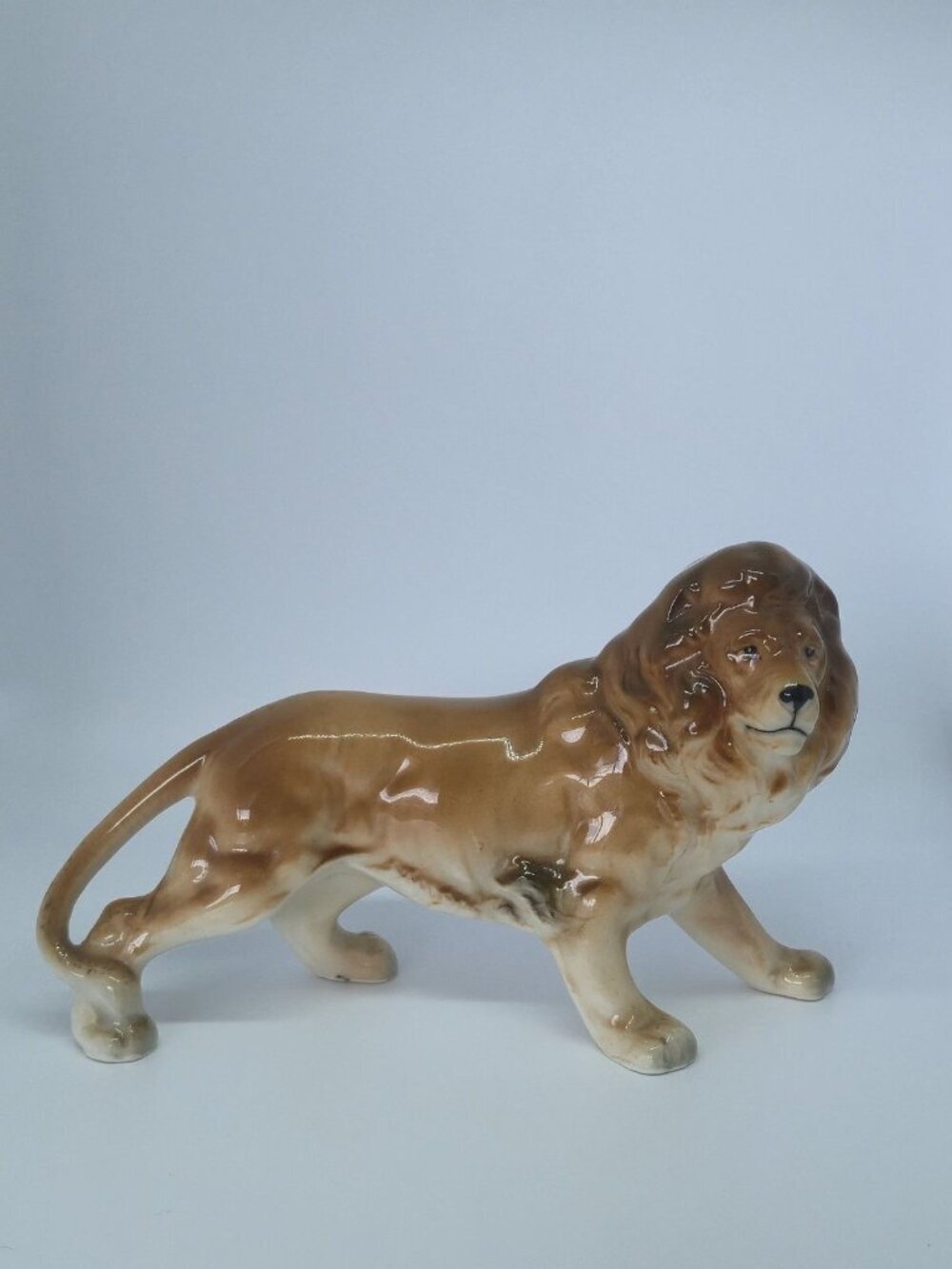 Vintage Hand Decorated Ceramic Lion Figurine Mid Century Brown Glaze Statue Leo